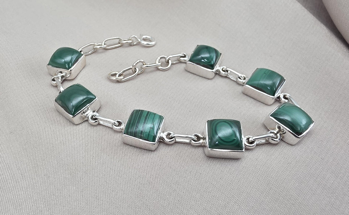 Malachite Bracelet 925 Sterling Silver Square Cabochon Link Bracelet Green Gemstone Handmade Jewelry Gift