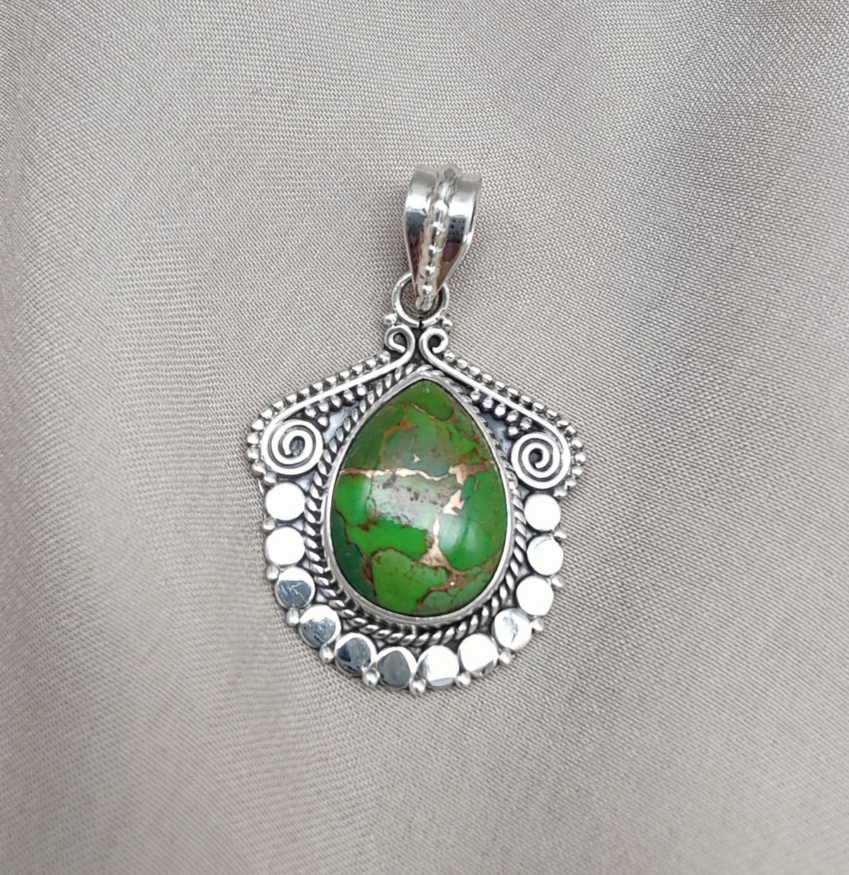 Green Copper Turquoise Pendant Necklace: 925 Sterling Silver Boho Jewelry