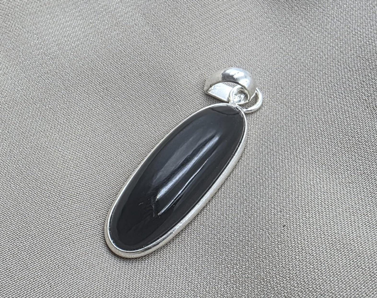 925 Sterling Silver Black Onyx Pendant, Long Oval Cabochon Gemstone Necklace