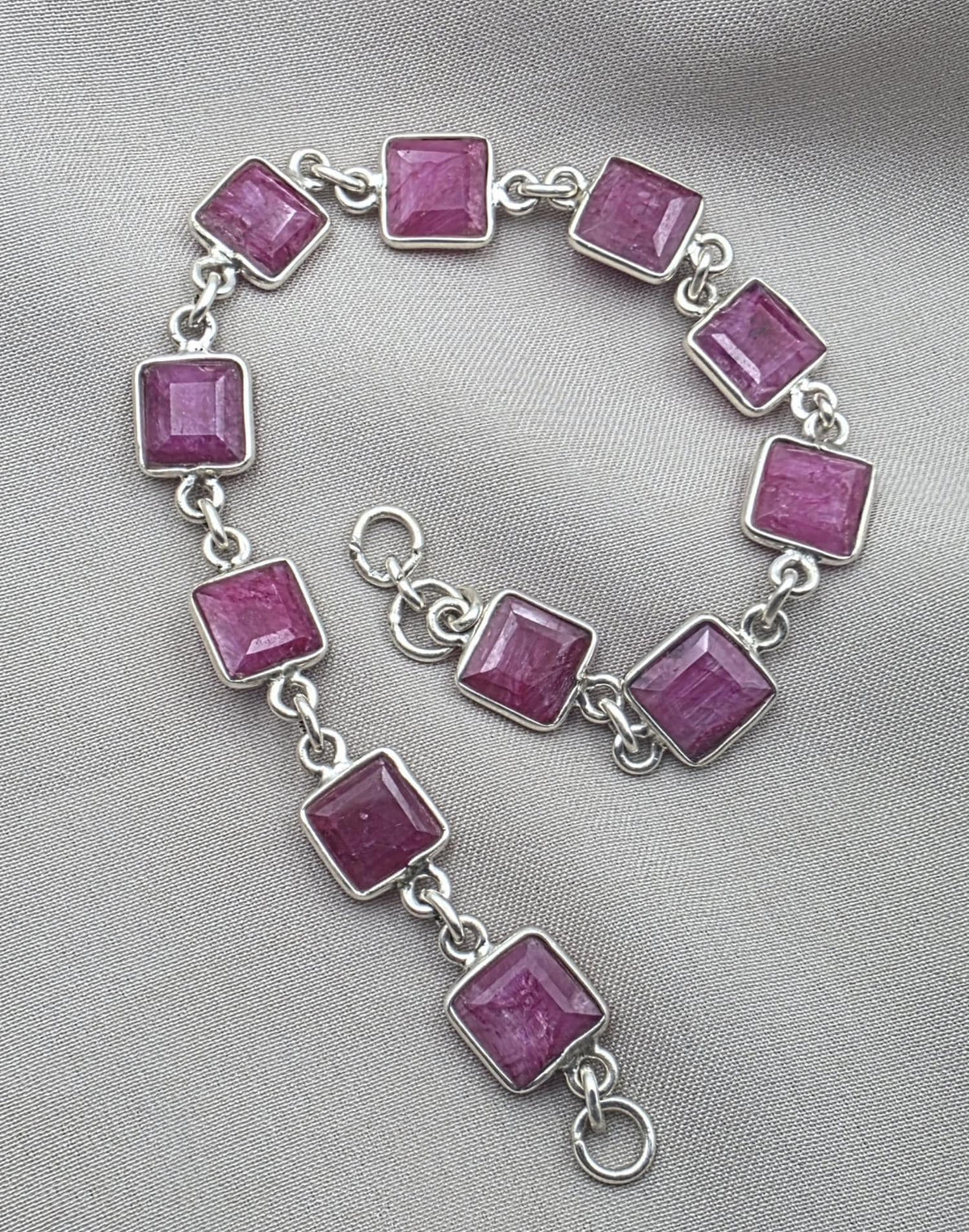 925 Sterling Silver Pink Ruby Bracelet Square Cut Gemstone Link Bracelet Gift for Her