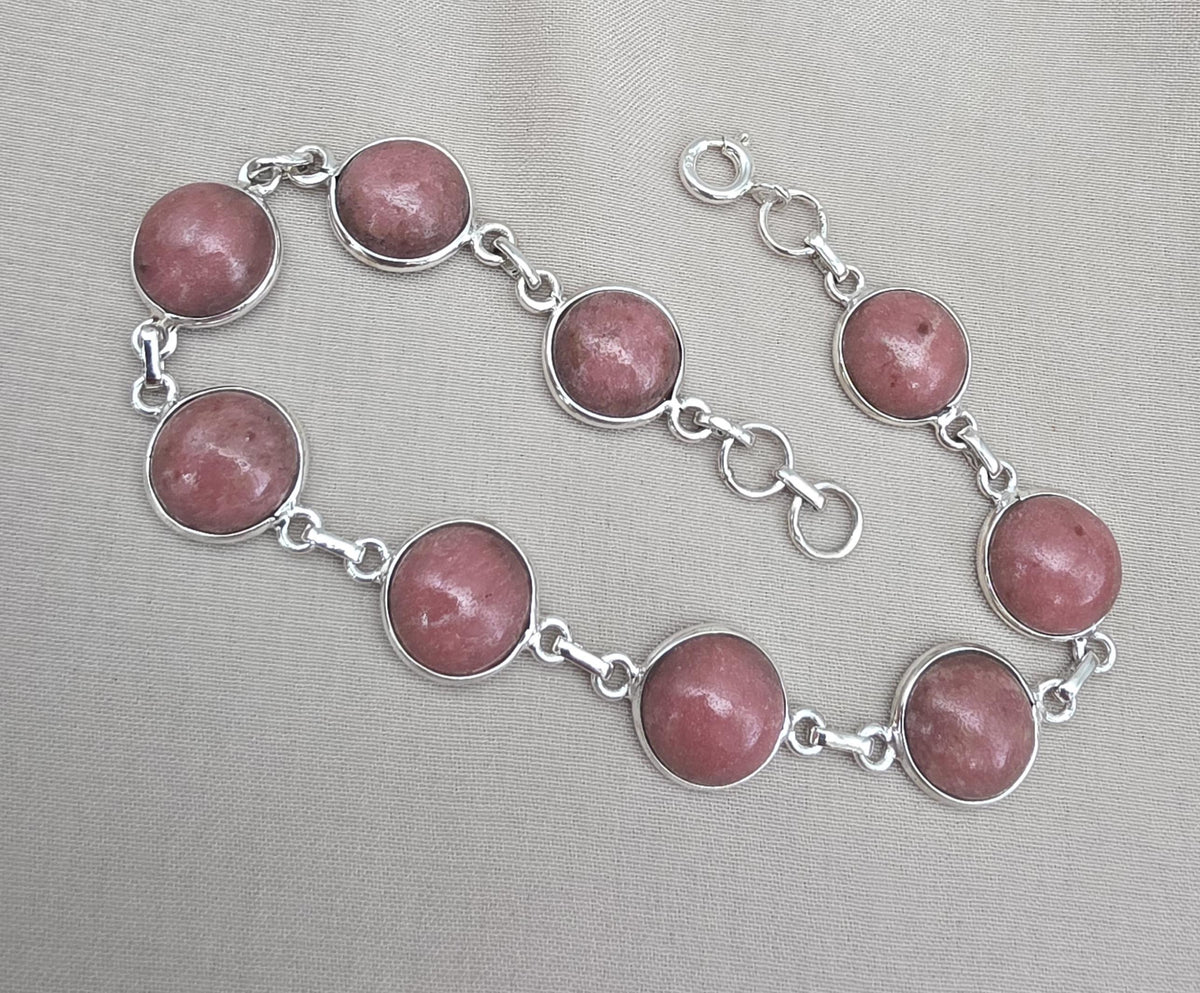 Rhodochrosite Bracelet 925 Sterling Silver Round Cabochon Pink Gemstone Link Bracelet Handmade Jewelry