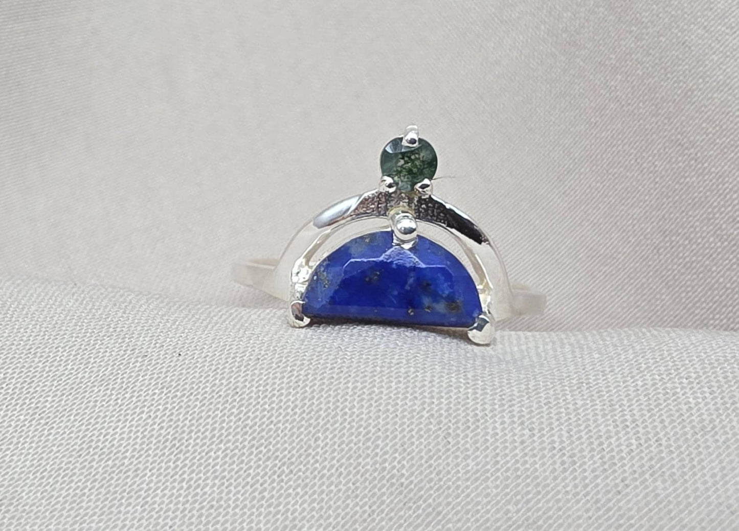 Lapis Lazuli Ring 925 Sterling Silver Dual Stone Moss Agate Statement Ring