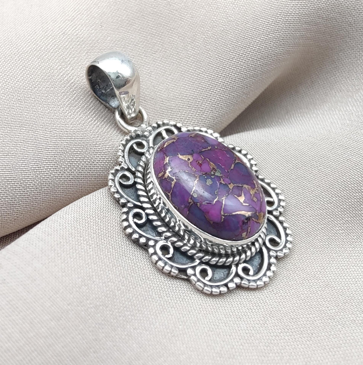 Purple Copper Turquoise Pendant: Sterling Silver Boho Statement Necklace