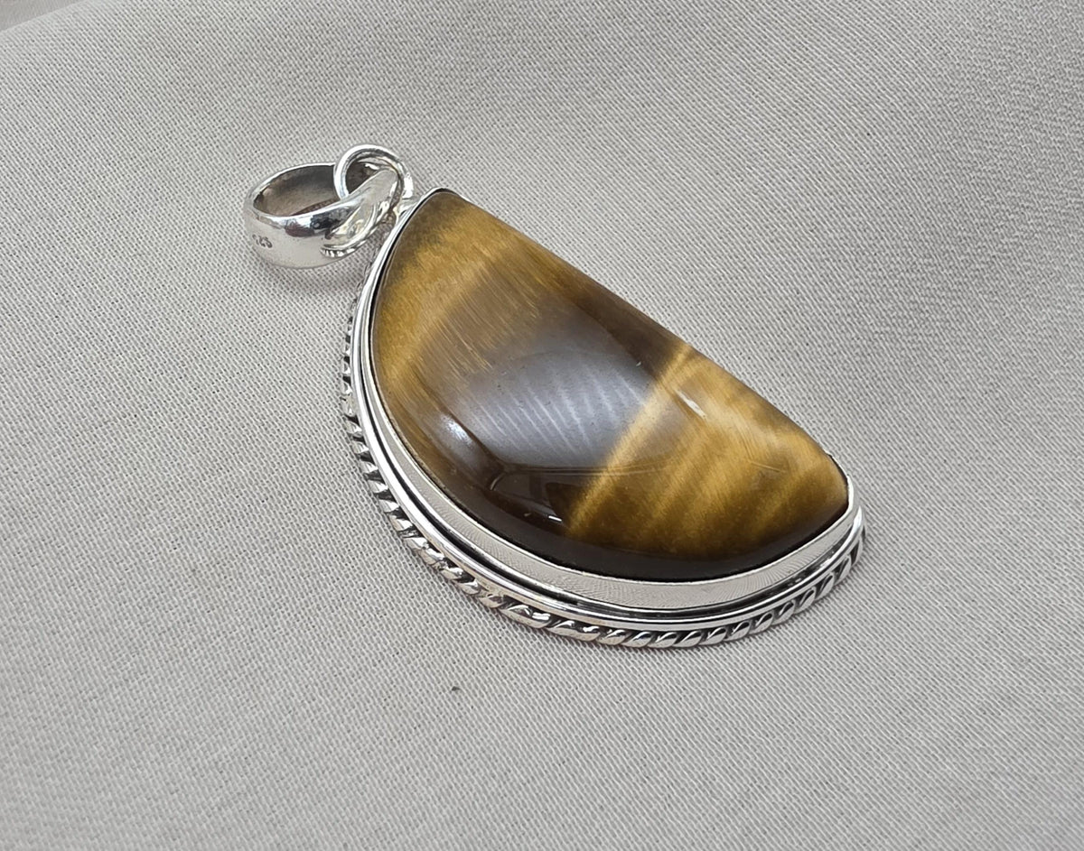 Half Moon Tiger Eye Pendant: 925 Sterling Silver Protection Gemstone Necklace Courage Jewelry