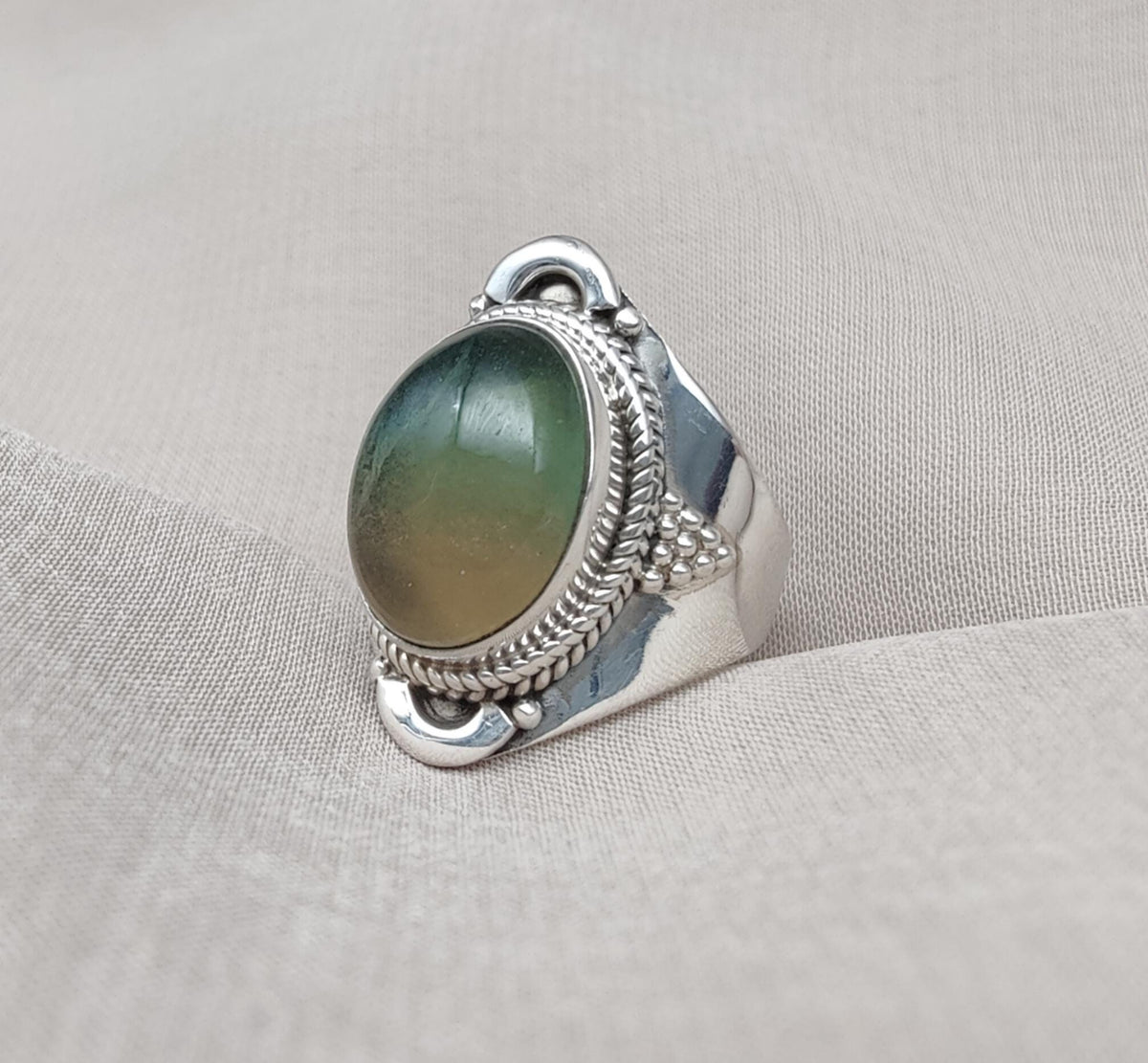 Fluorite Sterling Silver Ring: Green-Gold Crystal, Boho Healing Jewelry