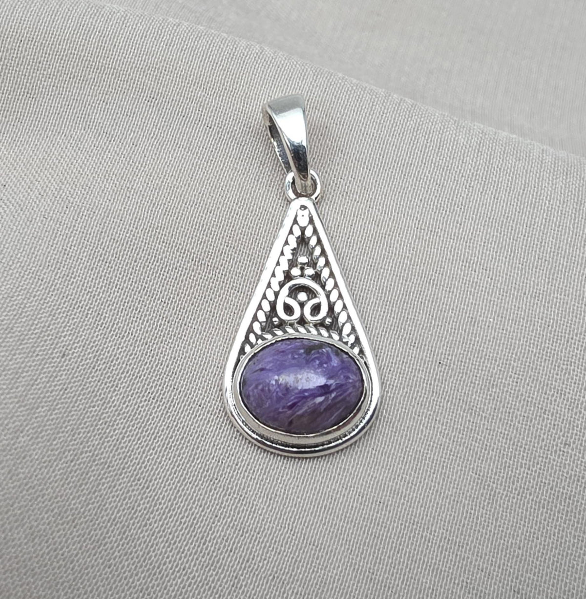 Handmade Charoite 925 Sterling Silver Pendant: Purple Gemstone Boho Necklace