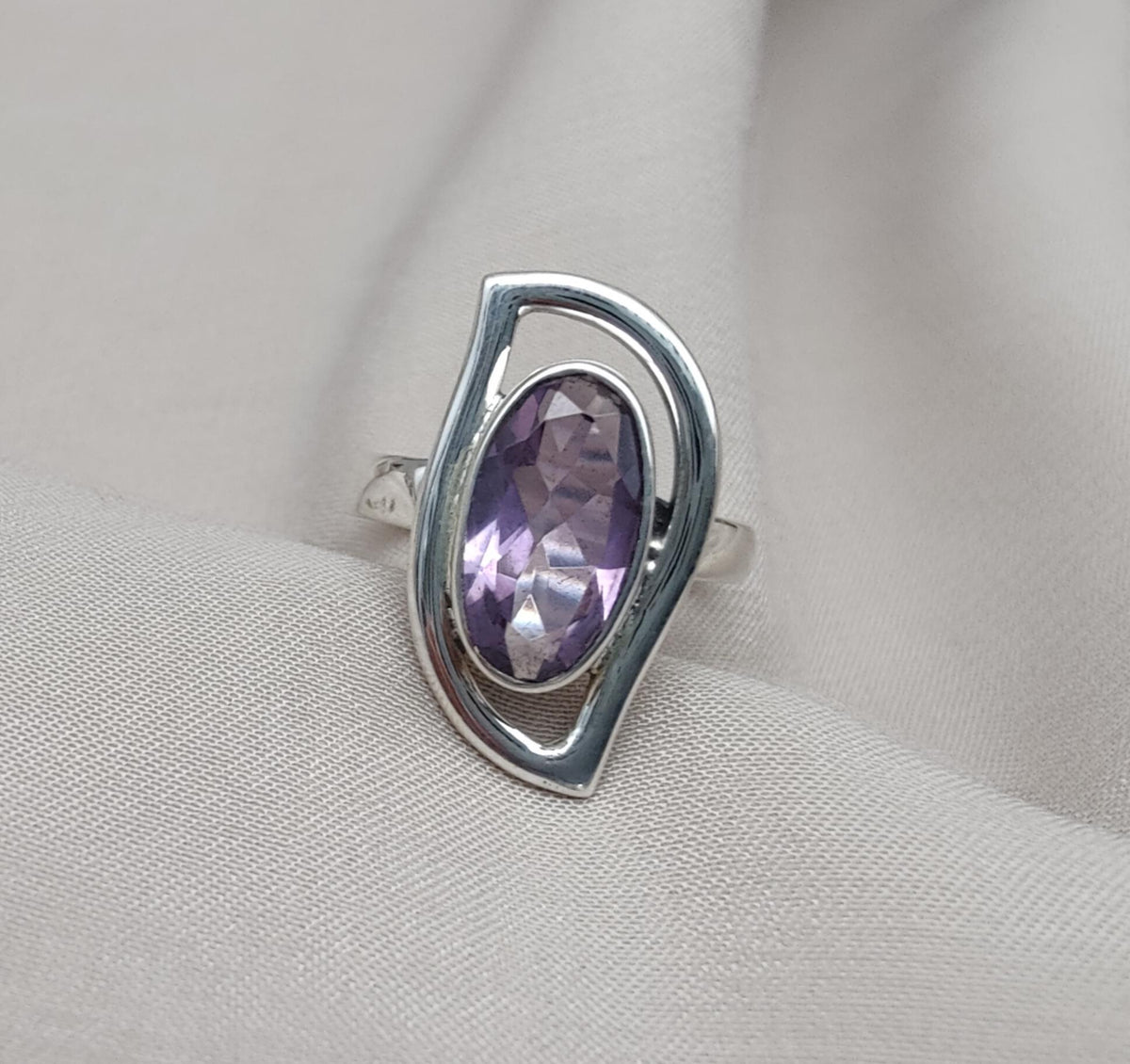Amethyst Sterling Silver Ring: Modern Abstract Design, February Birthstone
