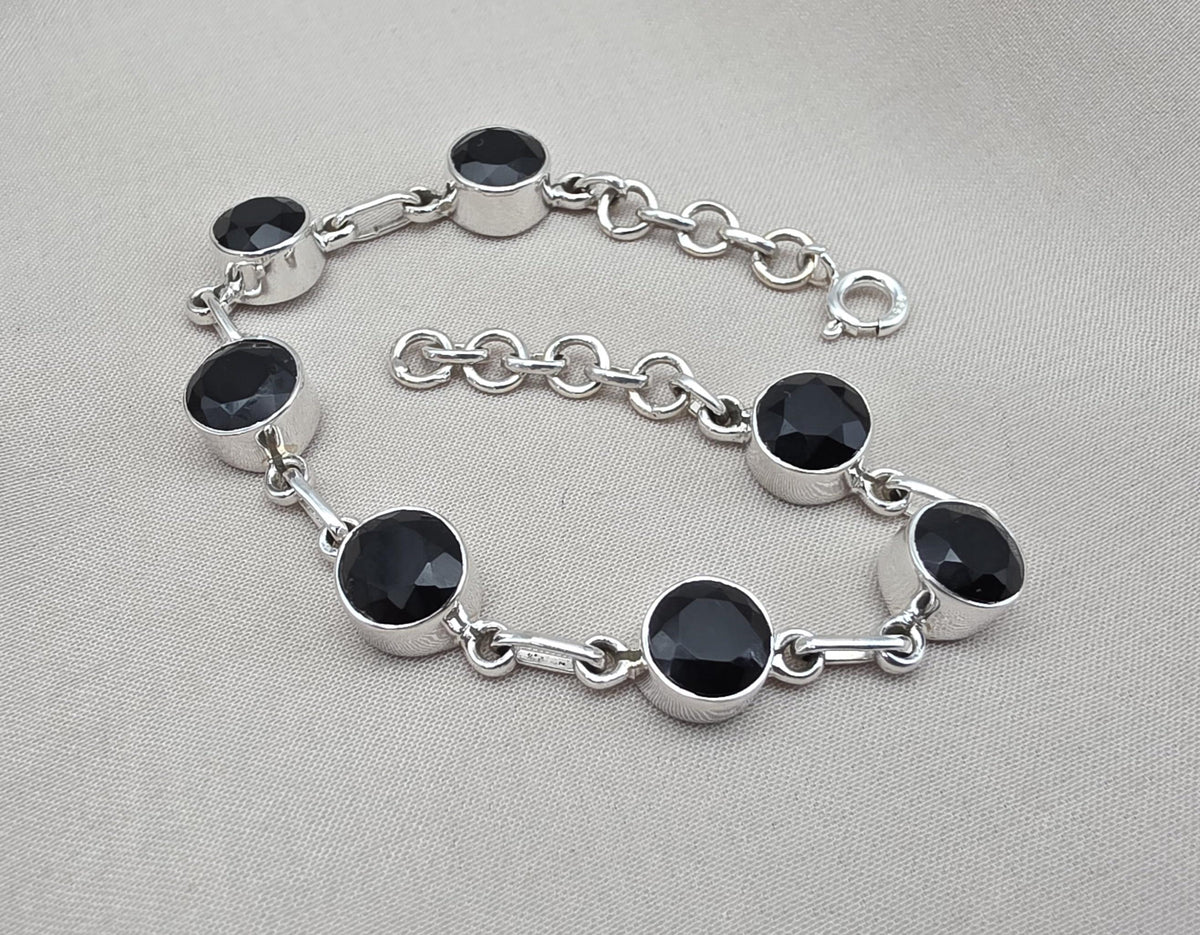 Black Onyx Bracelet 925 Sterling Silver Round Stone Link Bracelet Handmade Jewelry