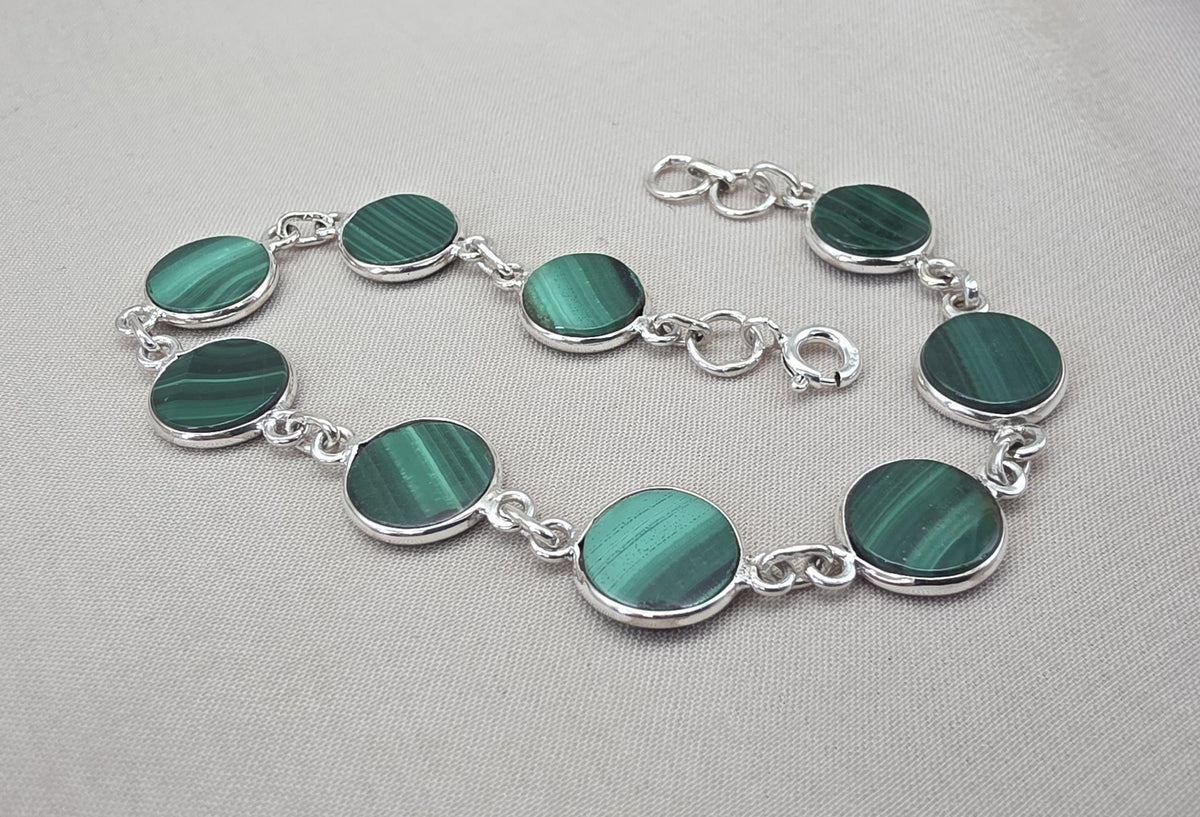 Malachite Bracelet 925 Sterling Silver Round Cabochon Green Gemstone Link Bracelet Handmade Jewelry