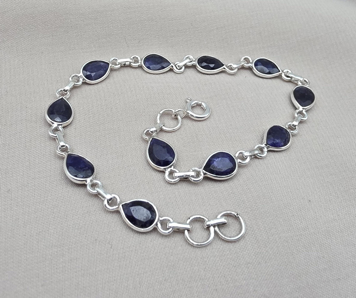925 Sterling Silver Sapphire Bracelet Natural Blue Gemstone Pear Link Jewelry