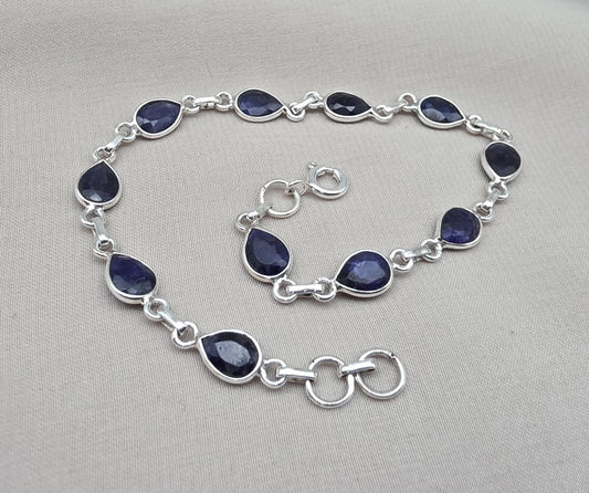 925 Sterling Silver Sapphire Bracelet Natural Blue Gemstone Pear Link Jewelry