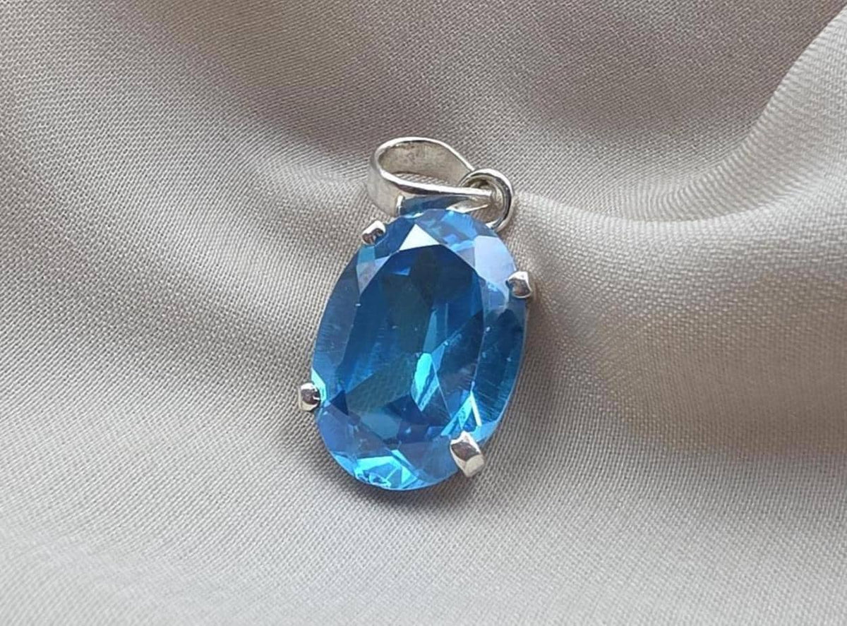 925 Sterling Silver Oval Blue Quartz Pendant, Natural Gemstone Charm, Boho Statement Jewelry