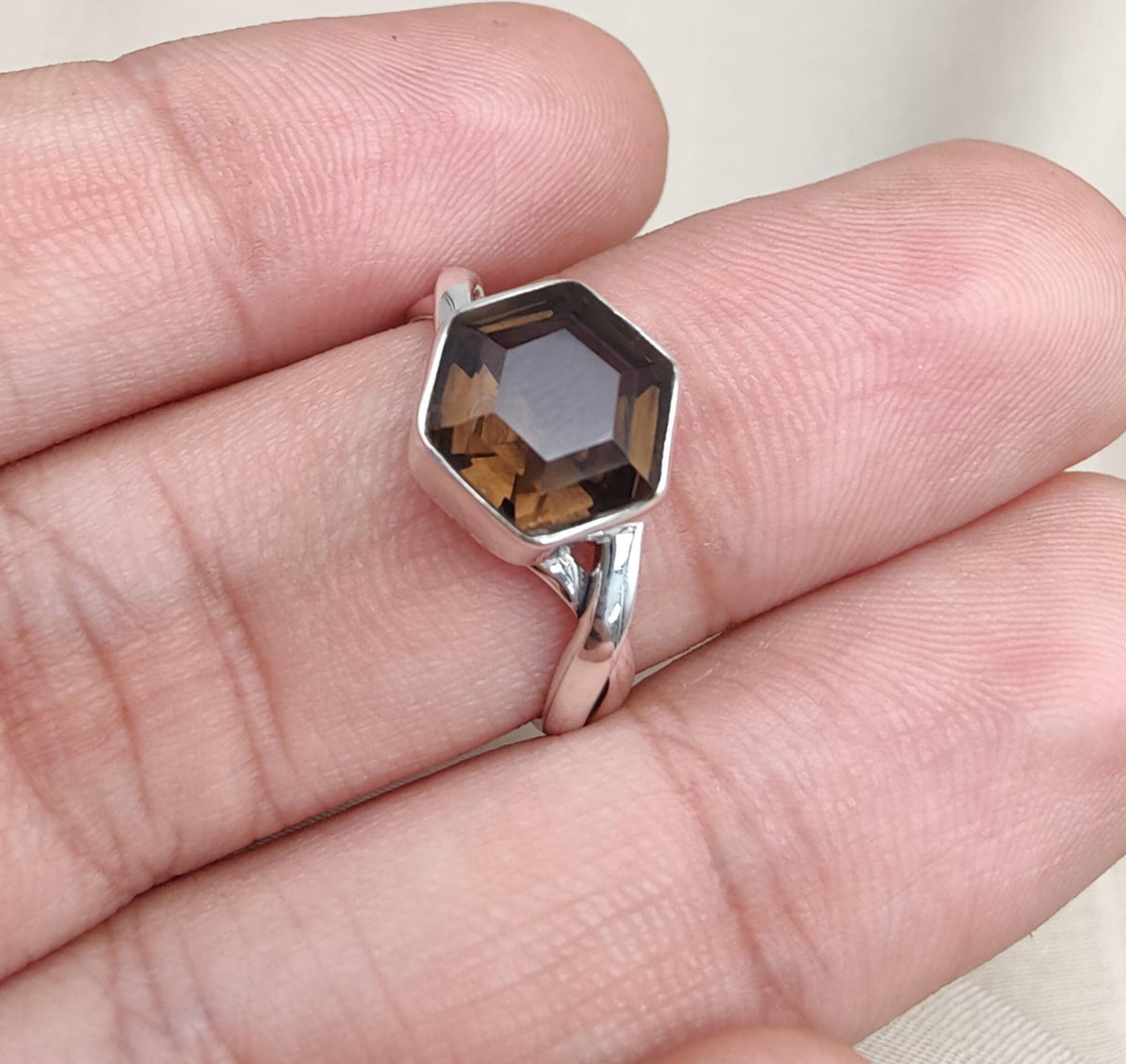 Smoky Quartz Hexagon Ring: 925 Sterling Silver Twisted Band
