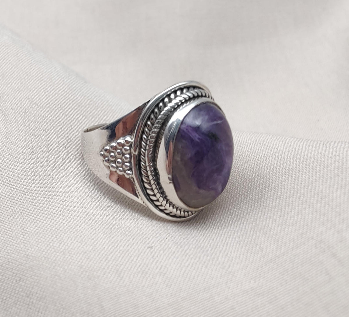 Natural Charoite 925 Sterling Silver Ring: Handmade Boho Gemstone Jewelry