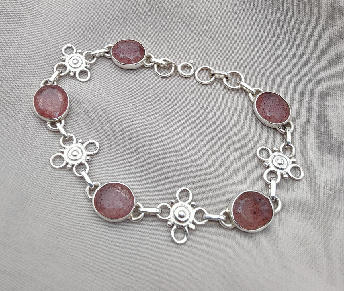 Pink Strawberry Quartz 925 Sterling Silver Bracelet | Handmade Adjustable Gemstone Jewelry Gift for Women