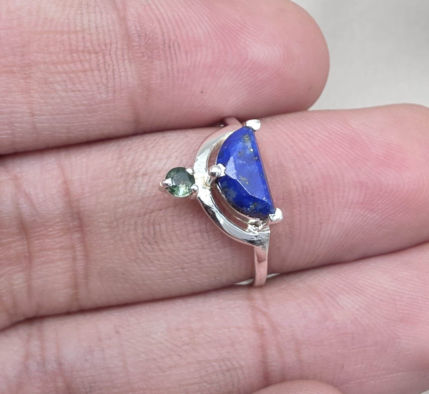 Lapis Lazuli Ring 925 Sterling Silver Dual Stone Moss Agate Statement Ring