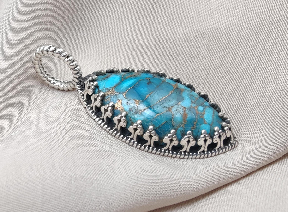 Blue Copper Turquoise Pendant: Sterling Silver Marquise Boho Necklace