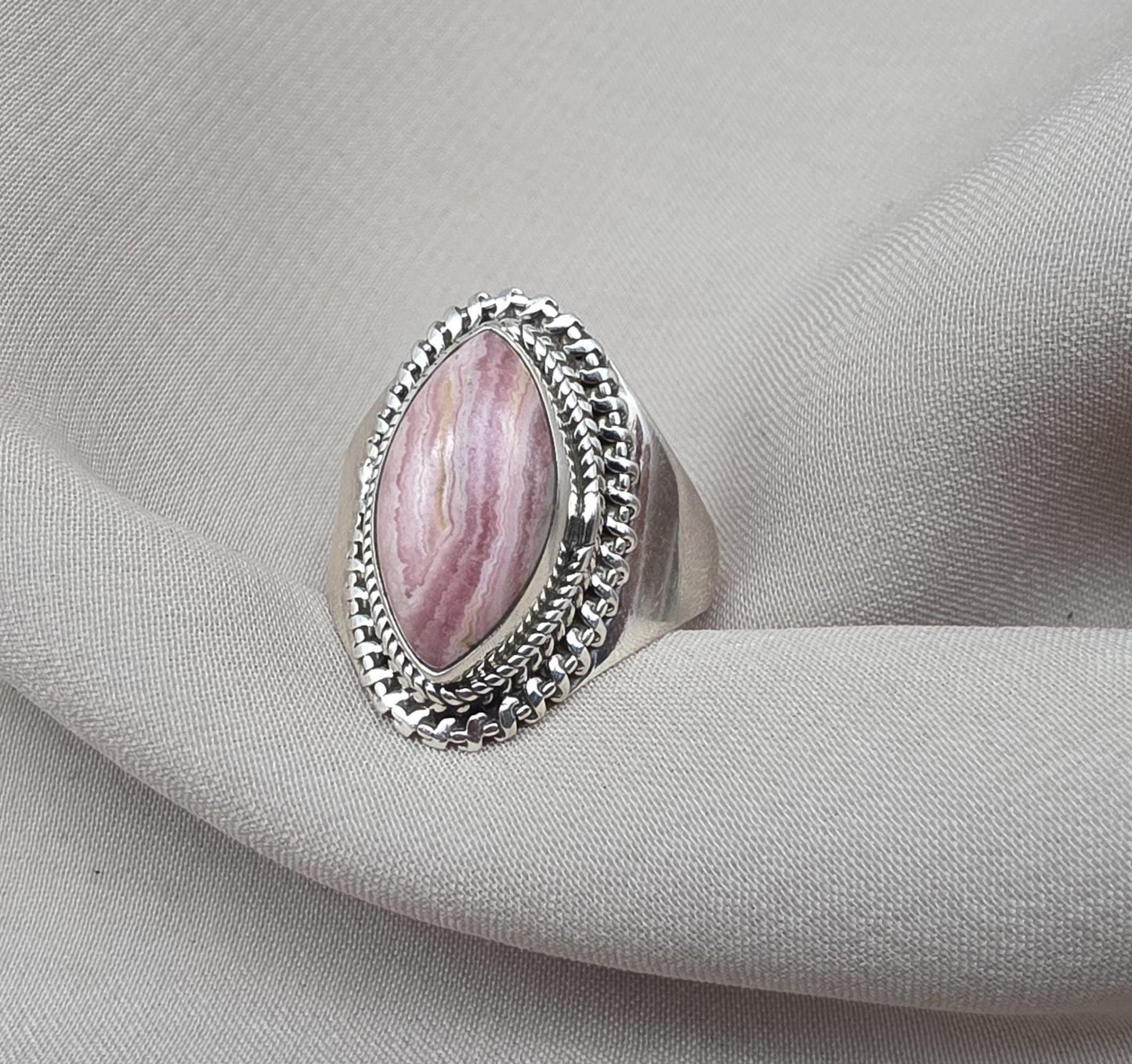 Rhodochrosite 925 Sterling Silver Ring Marquise Gemstone Boho Statement Ring Crystal Jewelry