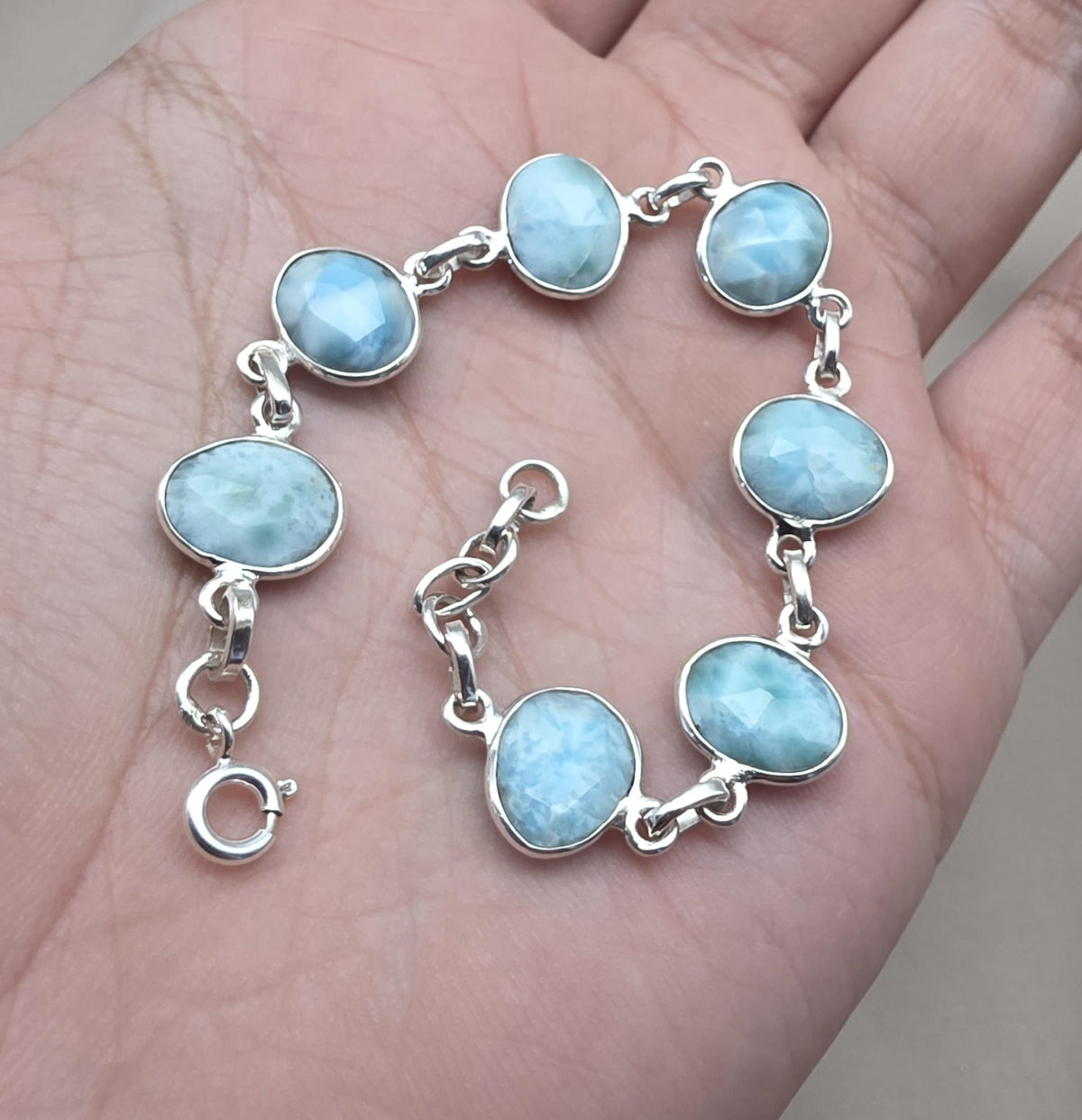 Natural Larimar Handmade  Bracelet : 925 Sterling Silver Blue Gemstone Adjustable Bracelet