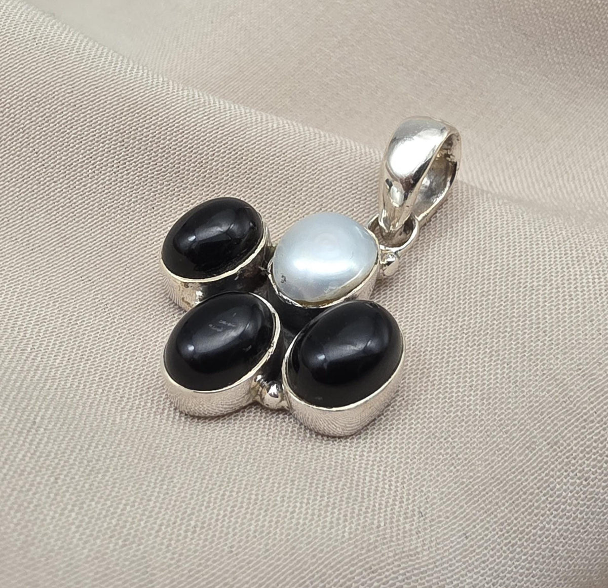Black Onyx & Mother of Pearl 925 Sterling Silver Pendant: Handmade Boho Necklace