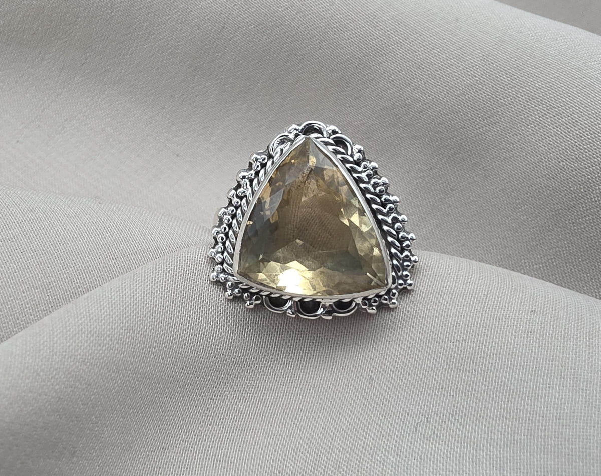 Lemon Quartz Ring 925 Sterling Silver Natural Yellow Gemstone Triangle Cut Ring