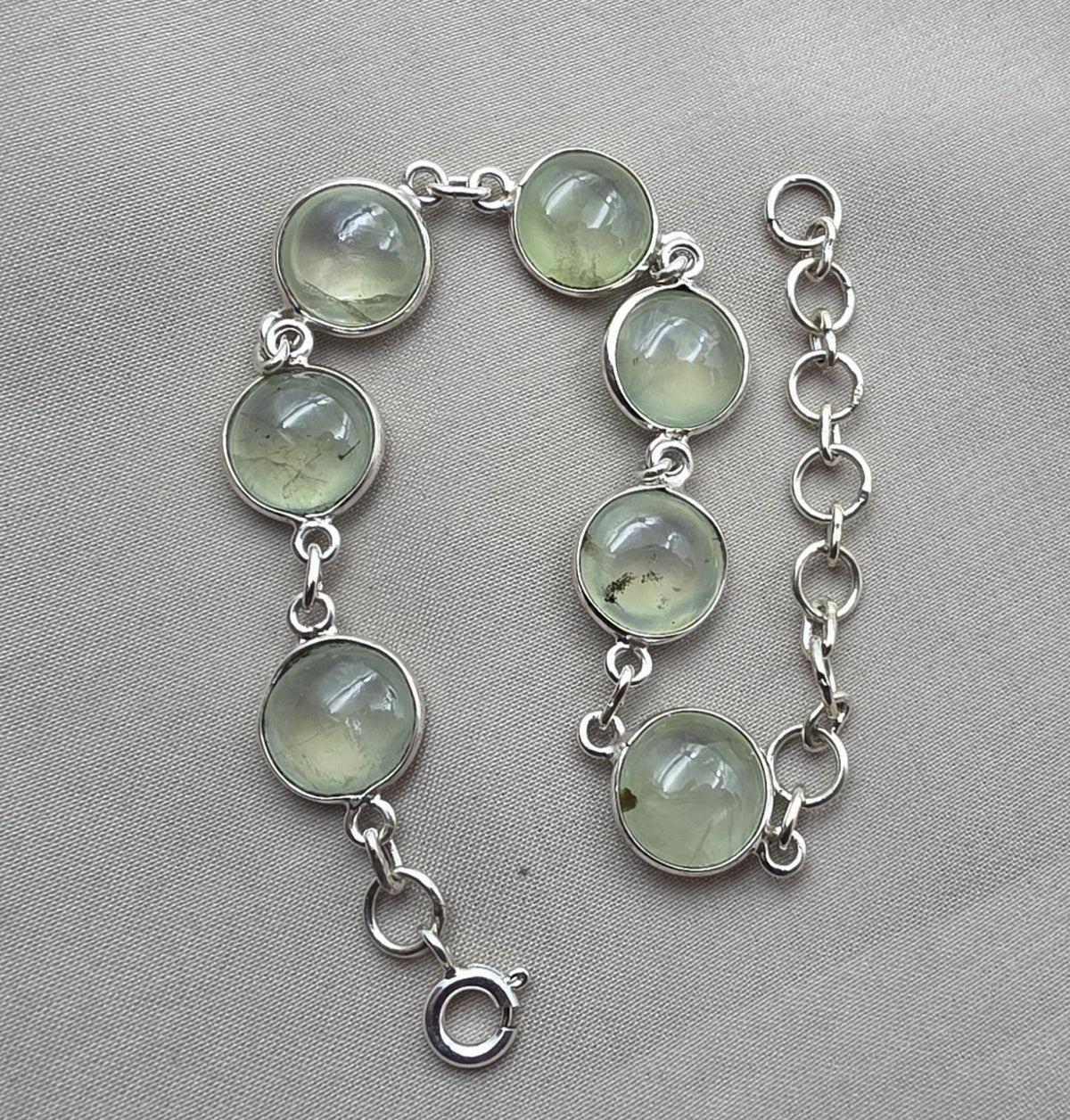925 Sterling Silver Prehnite Cabochon Link Bracelet Handmade Gemstone Jewelry Gift for Her