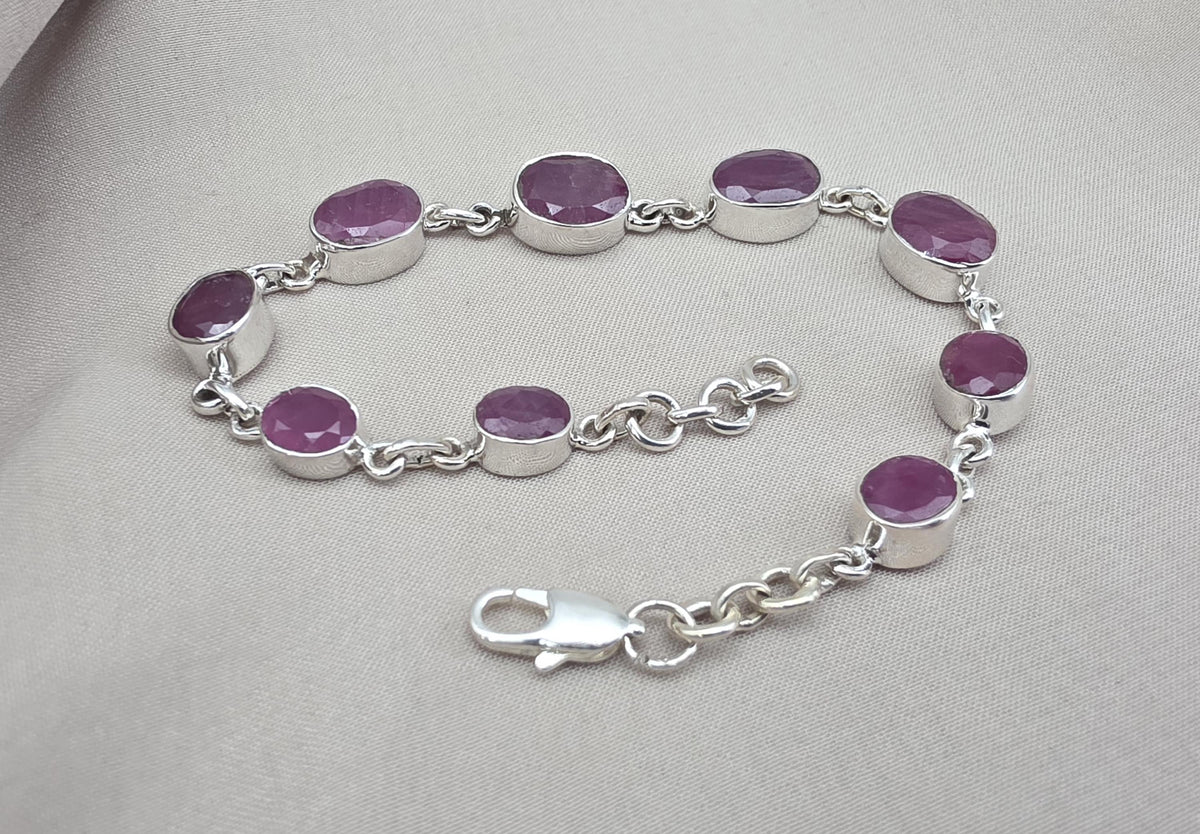 Ruby Oval Link Bracelet 925 Sterling Silver Faceted Gemstone Handmade Red Gemstone Jewelry