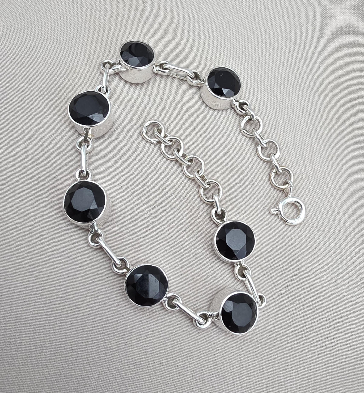 Black Onyx Bracelet 925 Sterling Silver Round Stone Link Bracelet Handmade Jewelry