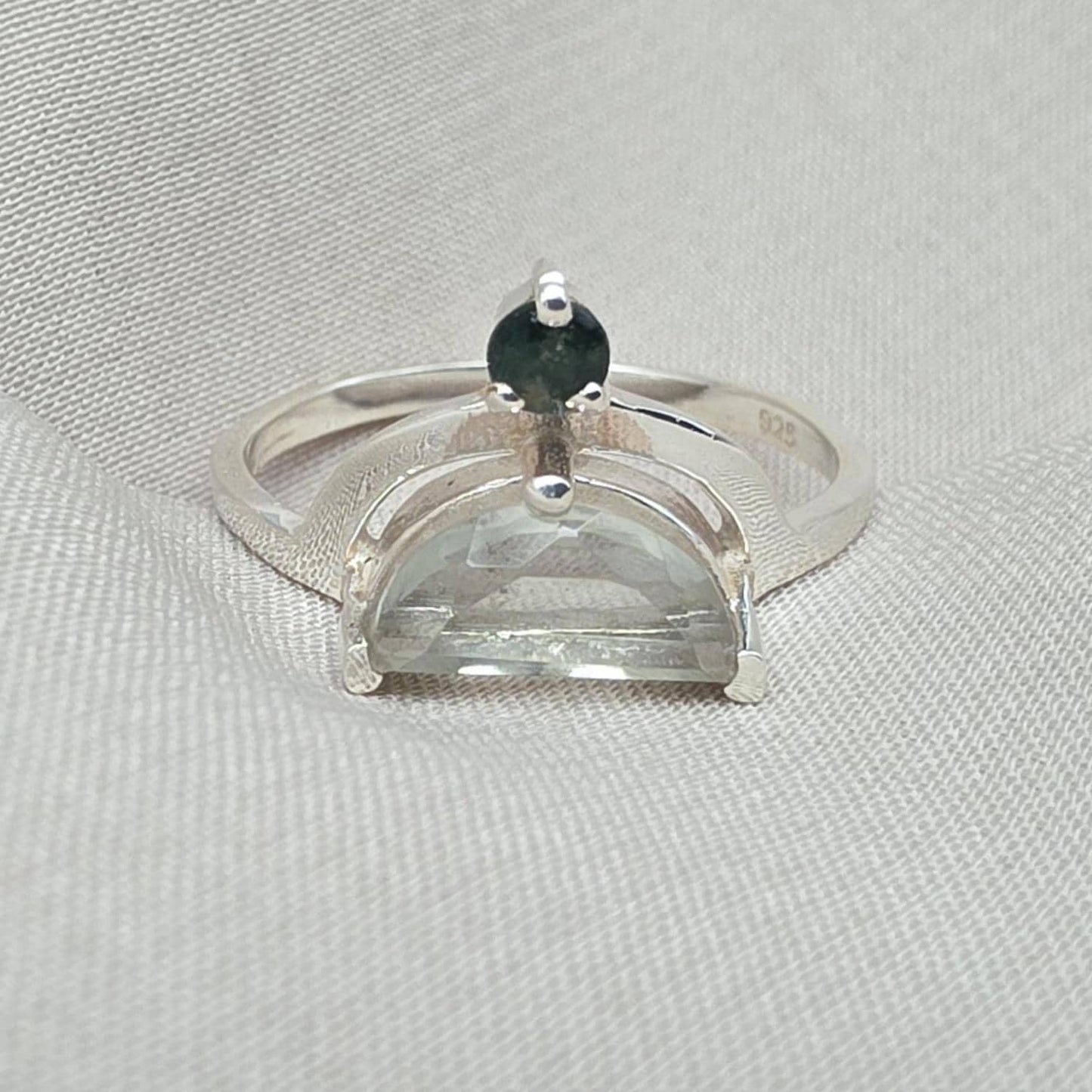 Green Amethyst Ring 925 Silver Dual Stone Moss Agate Statement Ring