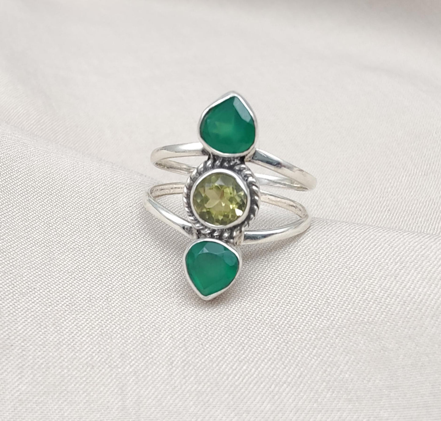 Green Onyx & Lemon Quartz 925 Sterling Silver Ring: Boho Statement Jewelry