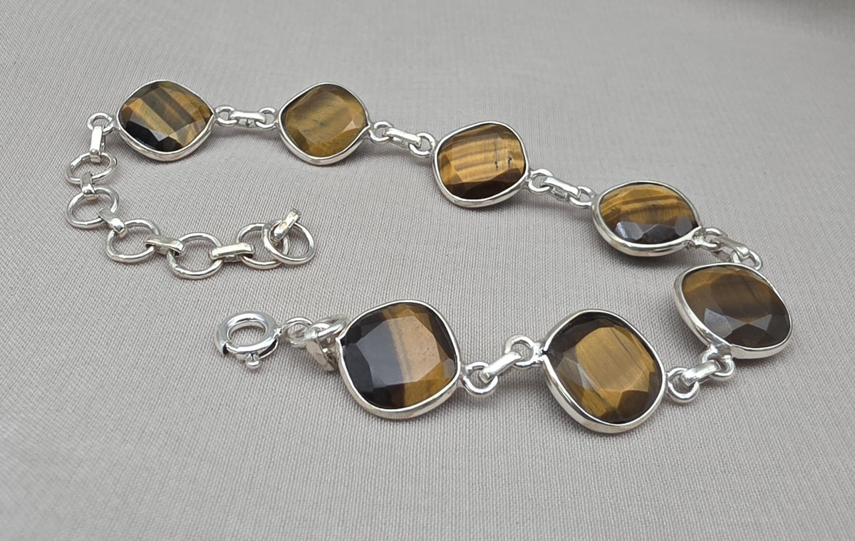 925 Sterling Silver Tiger Eye Bracelet Faceted Cushion Cut Gemstone Bracelet Gift for Her