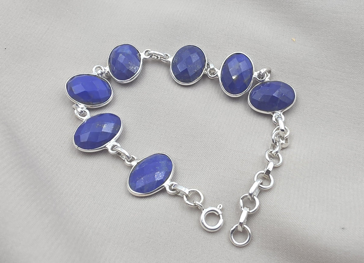 925 Sterling Silver Lapis Lazuli Bracelet Natural Blue Gemstone Bracelet Handmade Jewelry