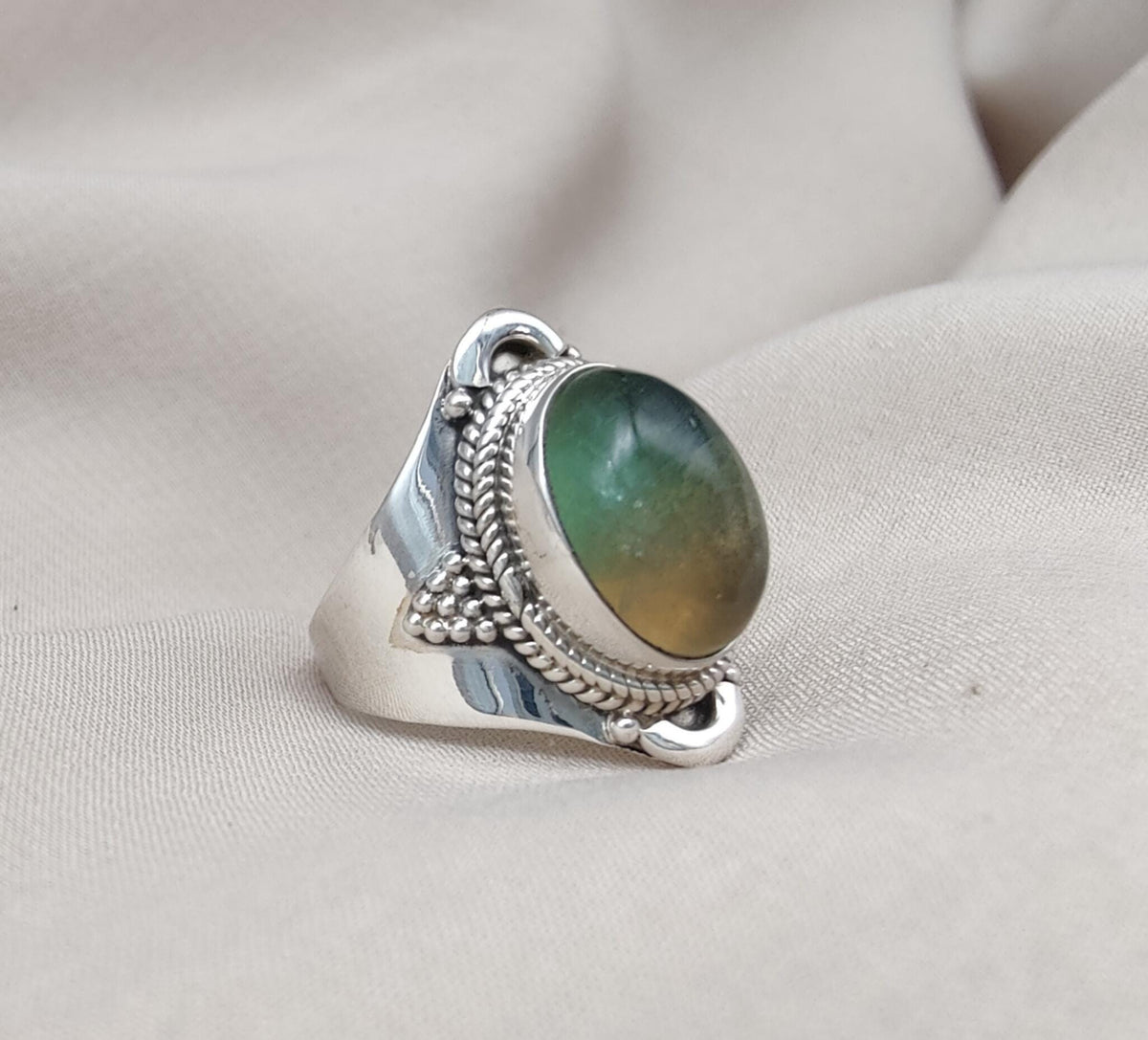 Fluorite Sterling Silver Ring: Green-Gold Crystal, Boho Healing Jewelry