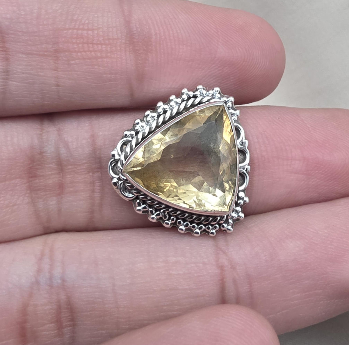 Lemon Quartz Ring 925 Sterling Silver Natural Yellow Gemstone Triangle Cut Ring