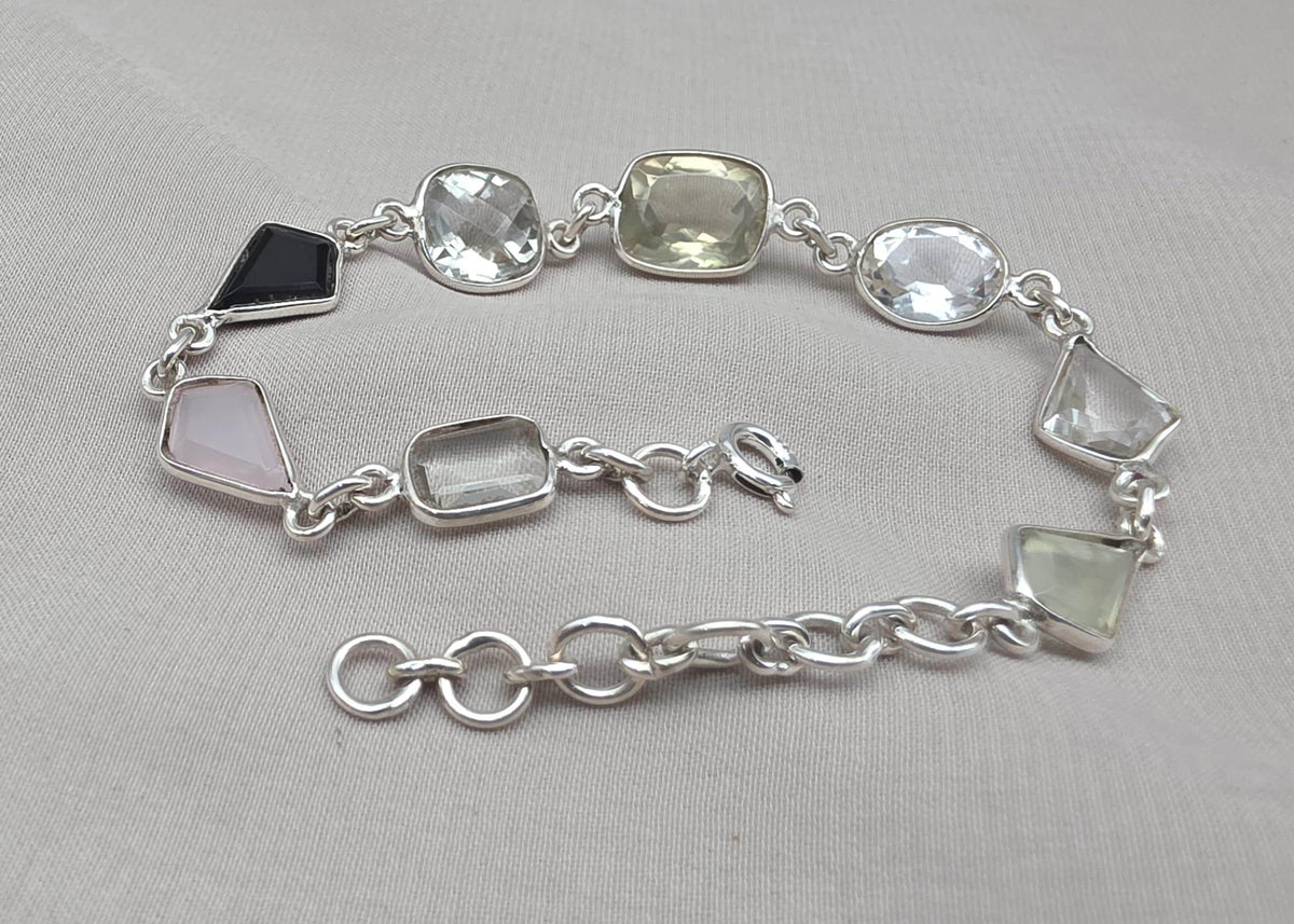 925 Sterling Silver Multi Gemstone Bracelet, Colorful Boho Link Jewelry Gift Her