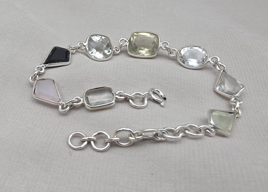 925 Sterling Silver Multi Gemstone Bracelet, Colorful Boho Link Jewelry Gift Her