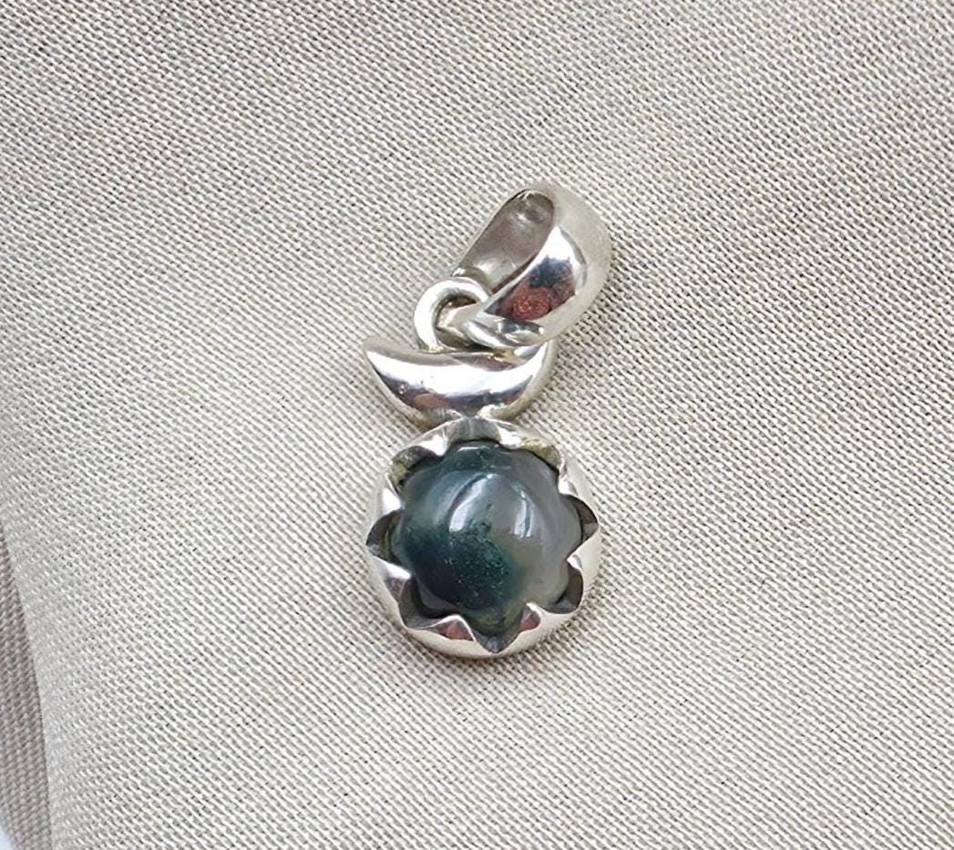 925 Sterling Silver Green Moss Agate Pendant Natural Round Cabochon Floral Gemstone Necklace Charm