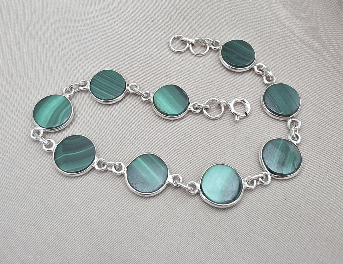 Malachite Bracelet 925 Sterling Silver Round Cabochon Green Gemstone Link Bracelet Handmade Jewelry