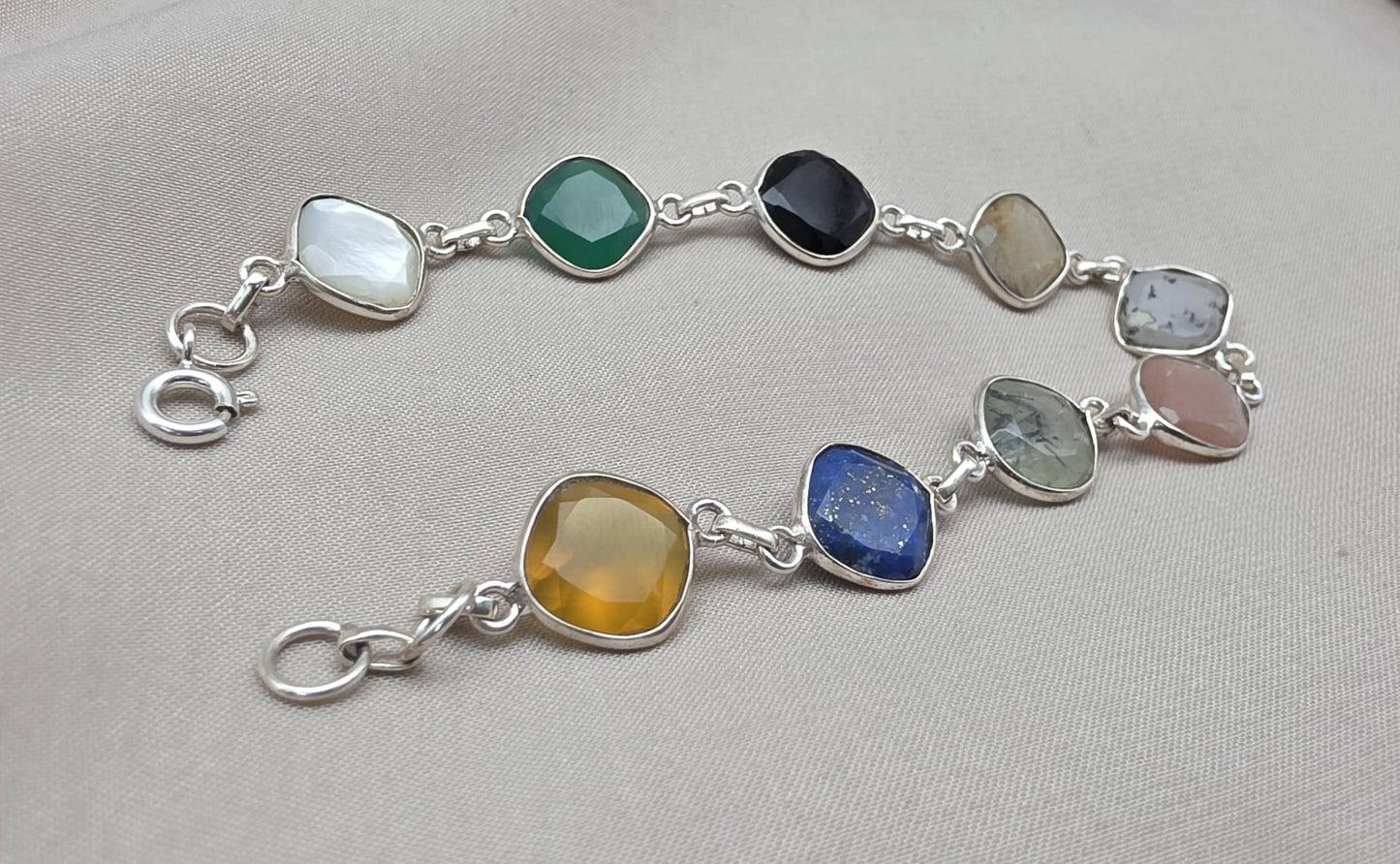Multi Gemstone Bracelet 925 Sterling Silver Colorful Statement Bracelet