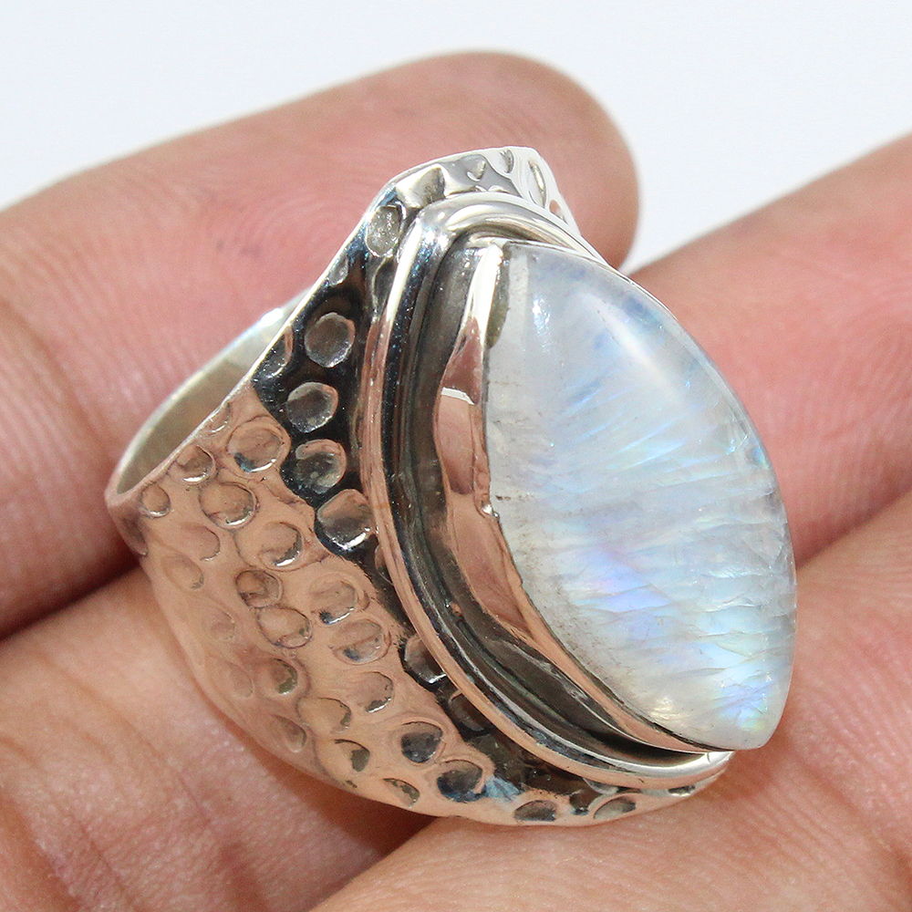 925 SOLID STERLING SILVER NATURAL RAINBOW MOONSTONE GEMSTONES HANDMADE RING, ALL SIZES AVAILABLE