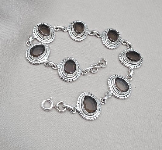 925 Sterling Silver Smoky Quartz Bracelet Natural Brown Oval Gemstone Handmade Jewelry