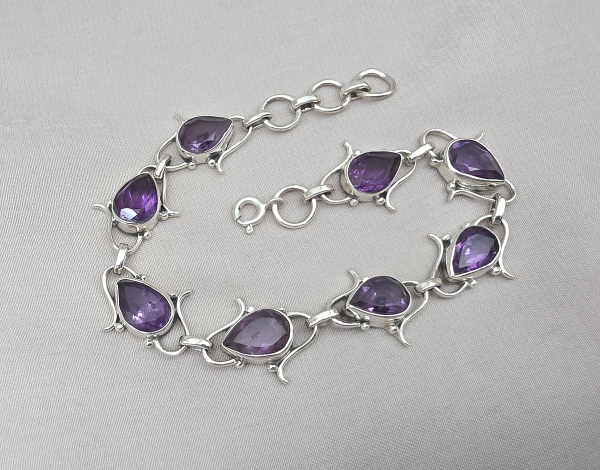 925 Sterling Silver Amethyst Bracelet Pear Shape Purple Gemstone Link Bracelet Gift for Her