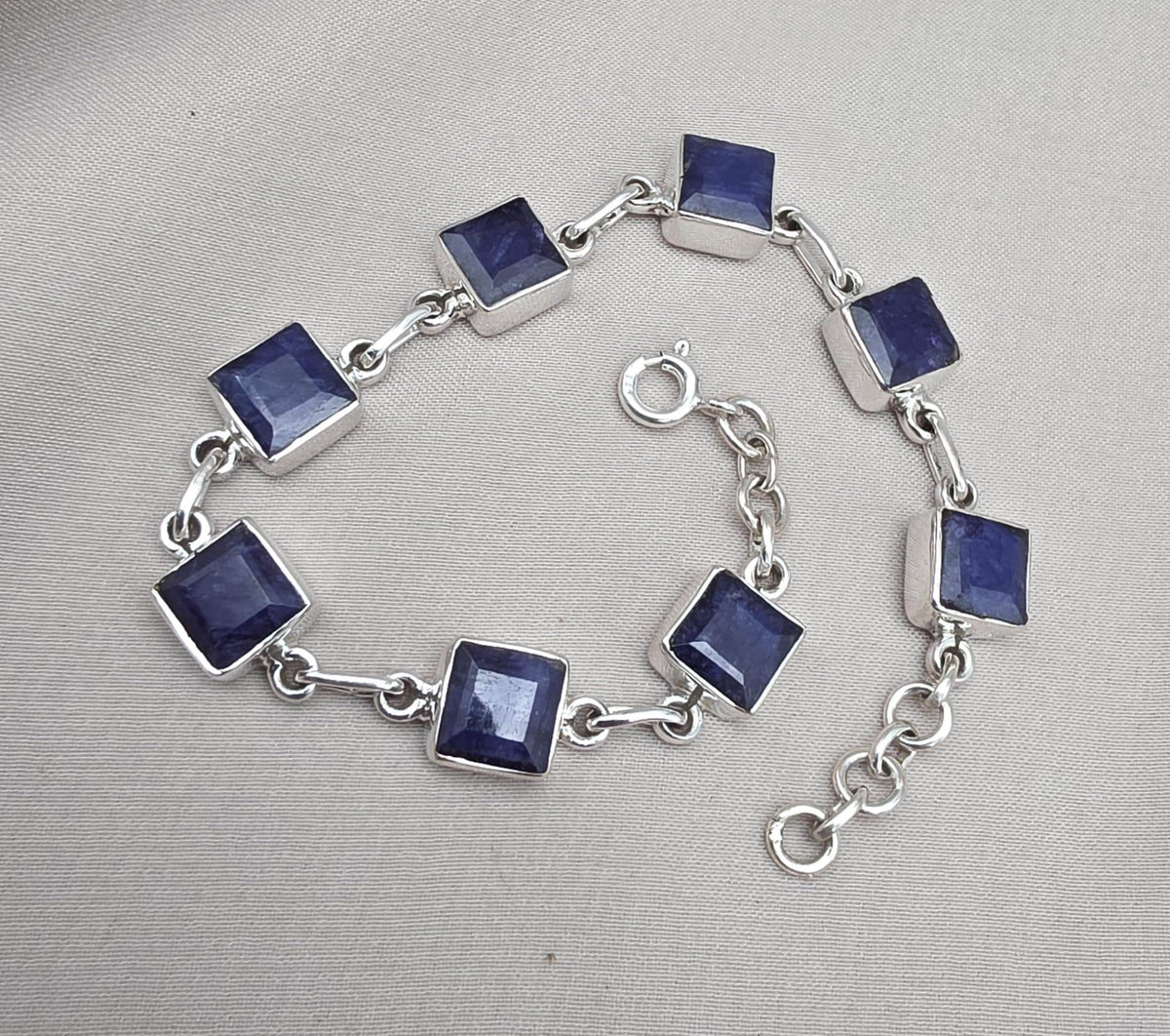 Blue Sapphire Cushion Link Bracelet 925 Sterling Silver Square Faceted Gemstone Bracelet Handmade Jewelry