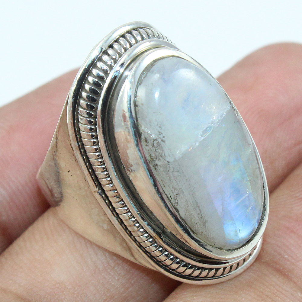 925 SOLID STERLING SILVER NATURAL RAINBOW MOONSTONE GEMSTONES HANDMADE RING, ALL SIZES AVAILABLE