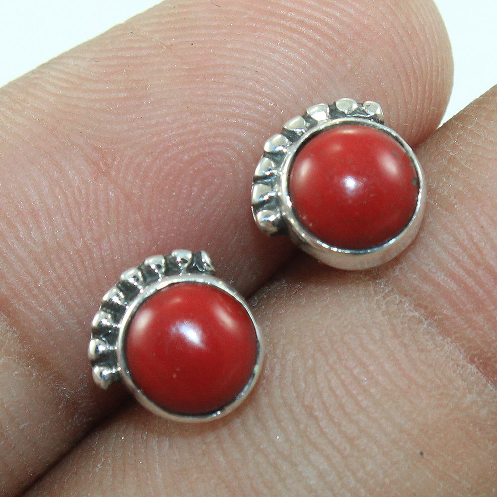 925 SOLID STERLING SILVER NATURAL RED CORAL GEMSTONE STUD EARRING