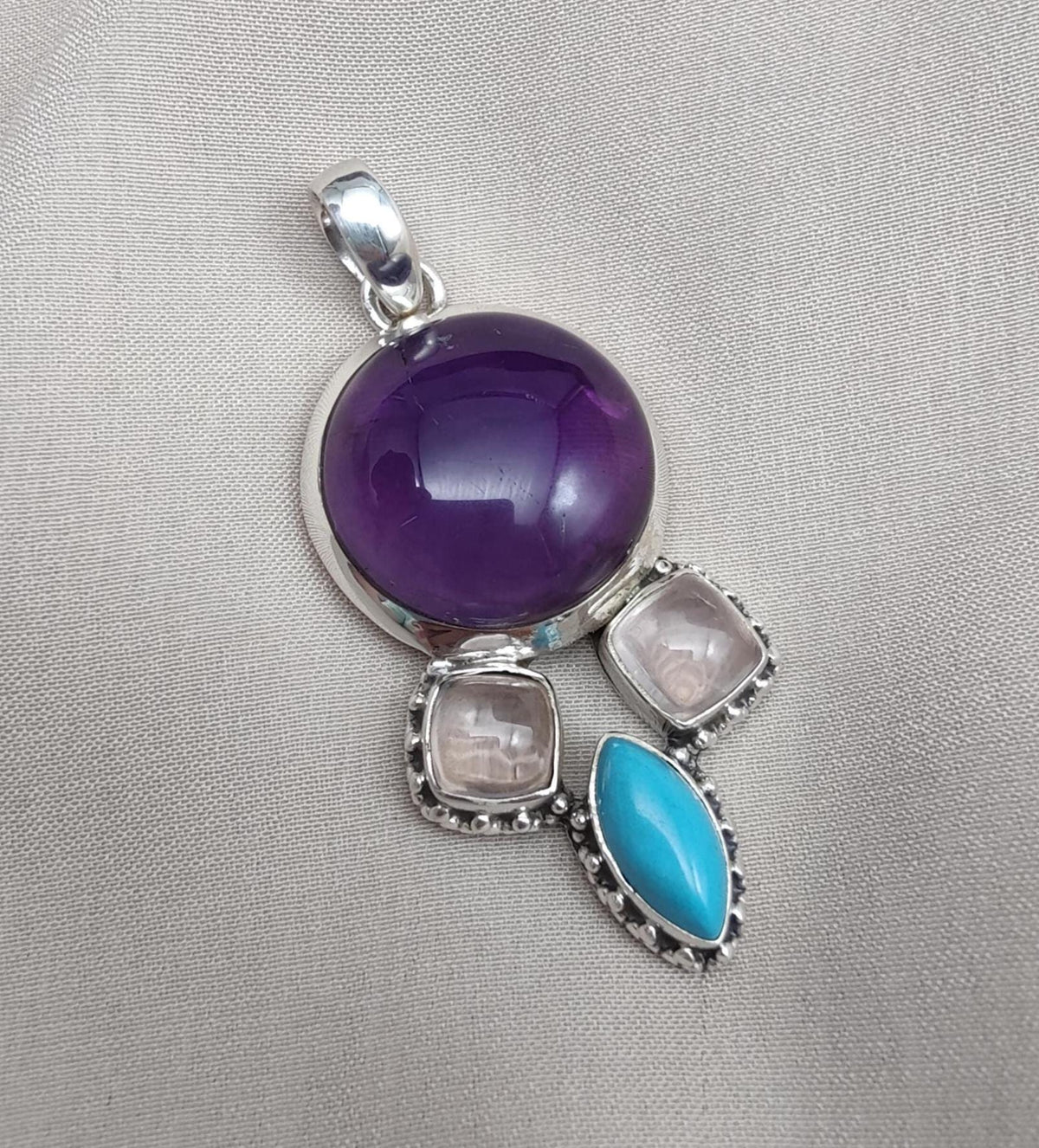 Amethyst Rose Quartz Turquoise Pendant: 925 Silver Healing Crystal Boho Necklace