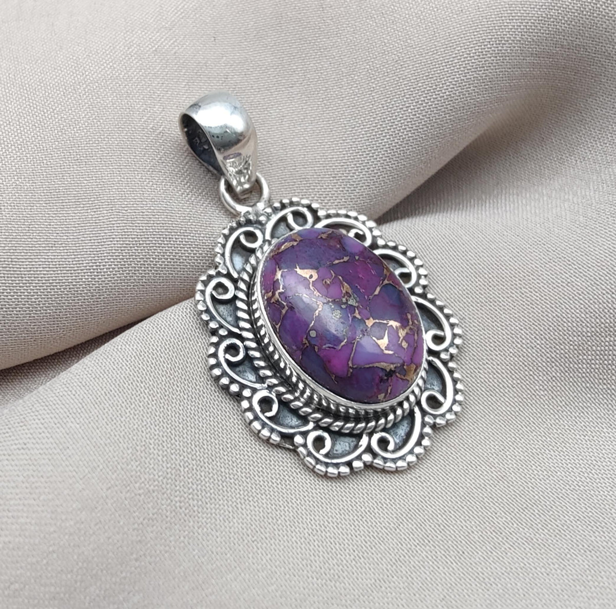 Purple Copper Turquoise Pendant: Sterling Silver Boho Statement Necklace