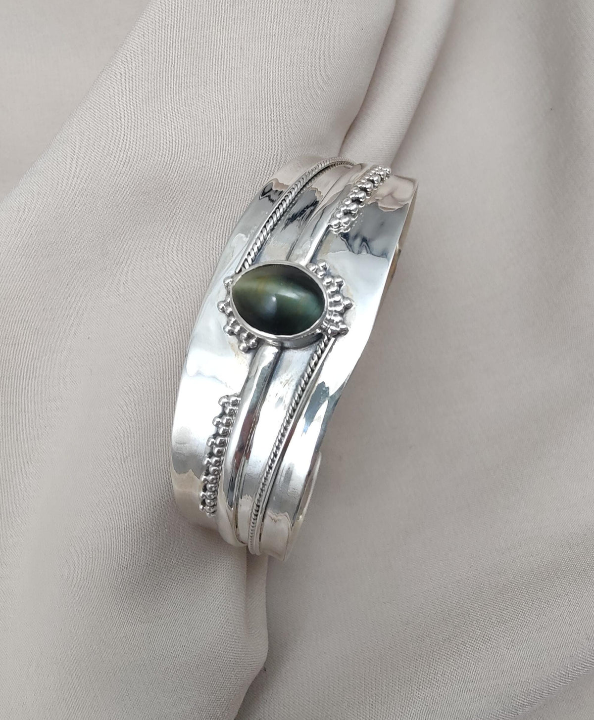 Cat's Eye Sterling Silver Cuff Bangle: Handmade Boho Jewelry