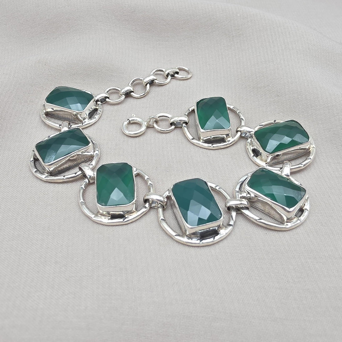 925 Sterling Silver Green Onyx Bracelet Bold Statement Gemstone Link Bracelet Gift for Her