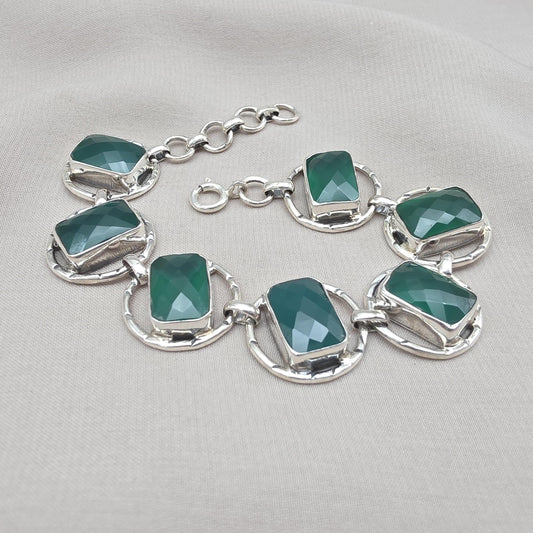 925 Sterling Silver Green Onyx Bracelet Bold Statement Gemstone Link Bracelet Gift for Her